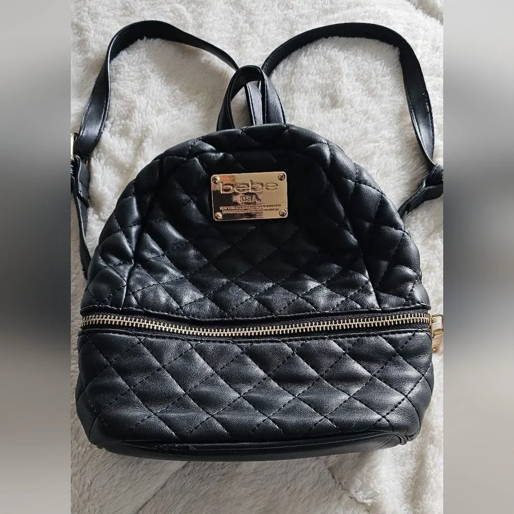 Bebe Black Faux Leather Quilted Gold Tone Hardware Zip Around Casual Backpack